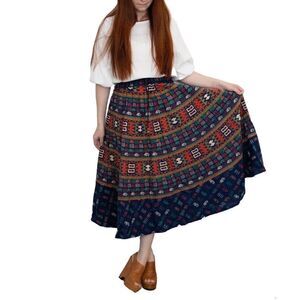 ✨ NEW Navy Blue Boho Tribal Print Cotton Midi Skirt | One Size (0–10) ✨